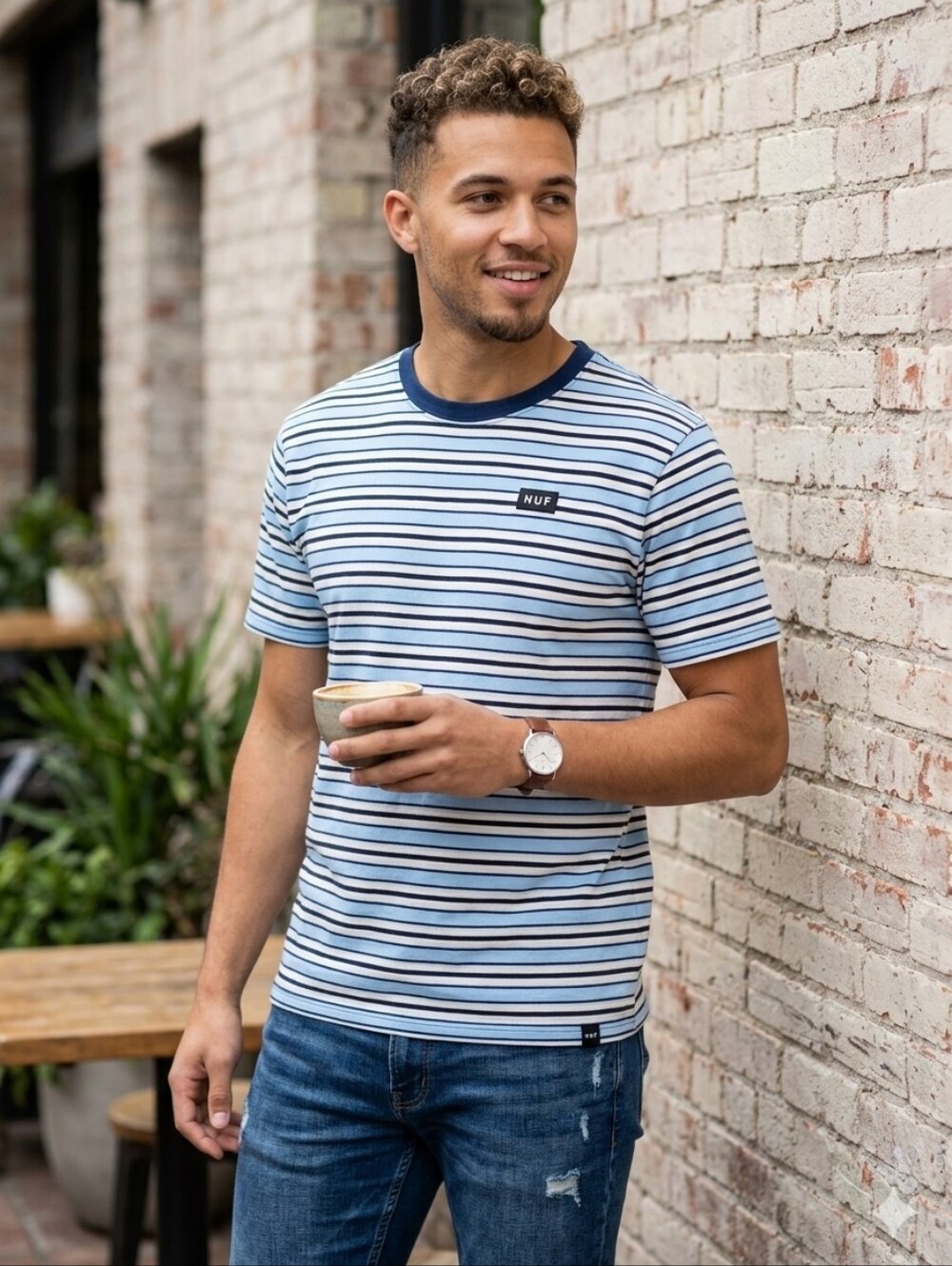 HUF Light Blue, Navy & White Stripe Crew Tee